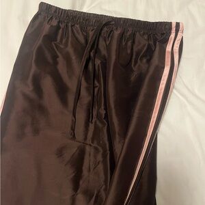 DONNI. Chocolate Satin Joggers with Blush Stripes